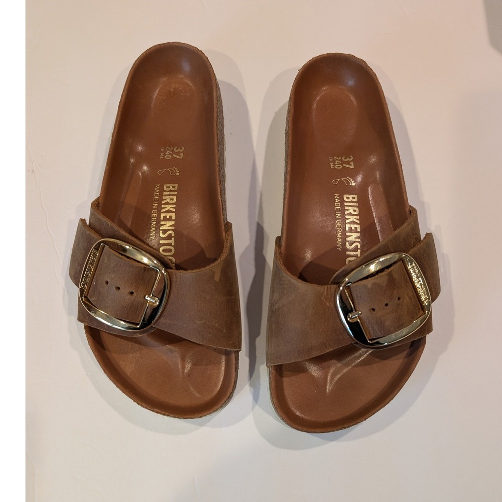 Birkenstock Madrid Big Buckle Cognac Oiled Leather Sandals Womens EU 37